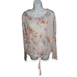 Sundance Sophia Floral Tie Front Pastel Organic Linen Sweater- Women's M